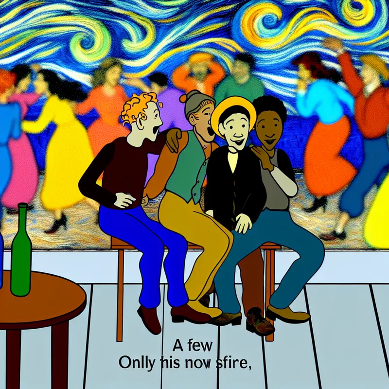 Vibrant sfeer van een feest met drie vrienden die levendig met elkaar praten, omgeven door kleurrijke decoraties.