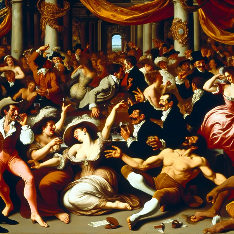 Een levendige bijeenkomst van vrienden op een feest in barokstijl, waarbij mensen in gesprek zijn en lachen.