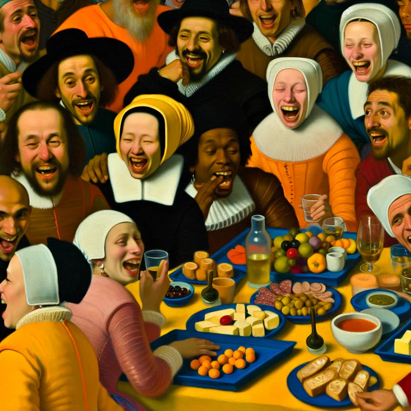 Een levendige tafelscene met een assortiment kleurrijke borrelhapjes, zoals olijven, kaas en charcuterie, omringd door blije gasten die drinken vasthouden en genieten van het feestelijke moment.