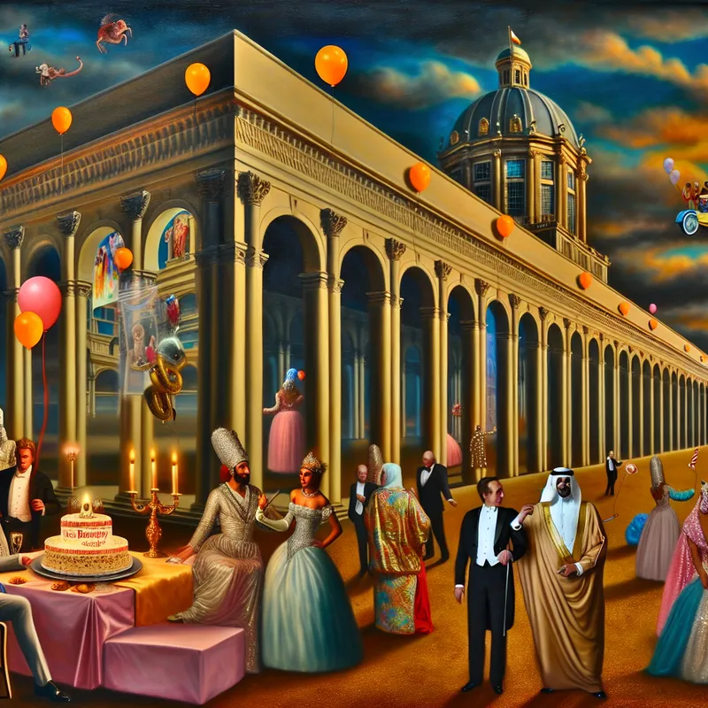 Een hyperrealistisch tafereel van een groot gebouw met feestelijke versieringen en een levendig verjaardagsfeest.