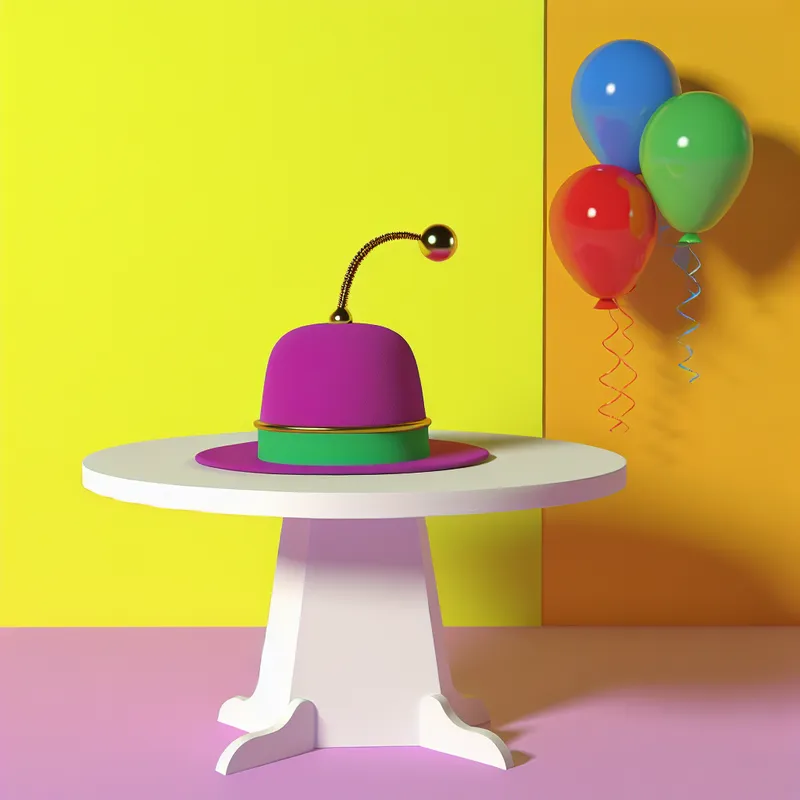 Een kleurrijke, stijlvolle hoed met een decoratieve antenne op een tafel, omringd door ballonnen en een slinger, voor een feestelijke sfeer.