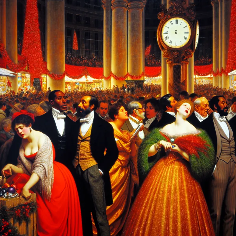 Een levendige feestelijke markt met elegant geklede mensen die gefrustreerd naar een kloktoren kijken, symboliserend de lange wachttijden tijdens de feestdagen.