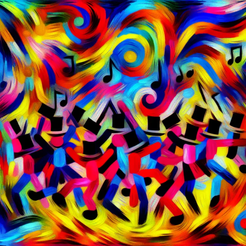 Abstracte kleurrijke scène geïnspireerd door een feestelijke viering, met levendige vormen en energieke penseelstreken die de vreugde van muziek en dans uitdrukken.