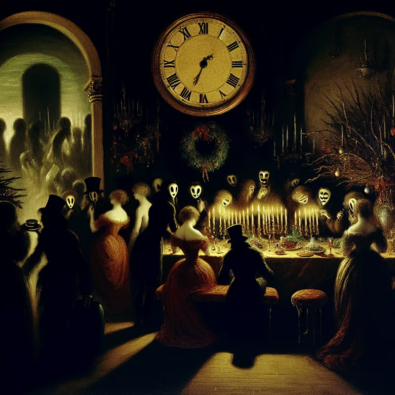 Een feestelijke middernachtsscène met een groot, versierd klok en figuren in donkere kleding met maskers.