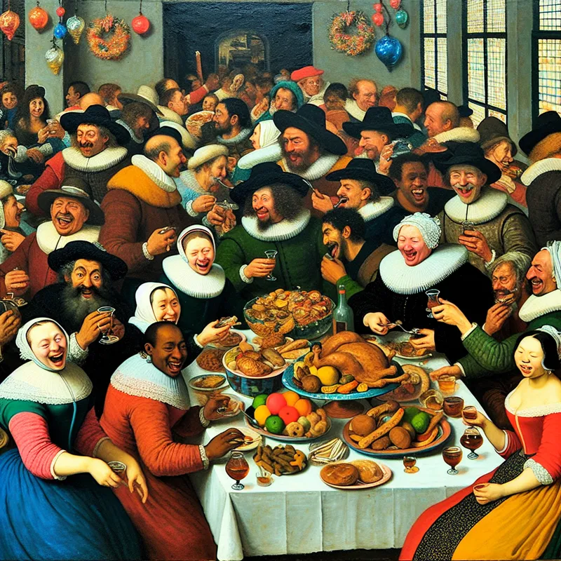 Feestelijke scène met een grote tafel vol verschillende soorten voedsel en blije mensen die samen genieten van het feest.