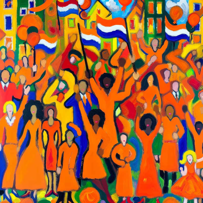 Abstract expressionistische scène van een feestelijke straat met mensen in feloranje kleding die oranje vlaggen zwaaien ter viering van Koningsdag.