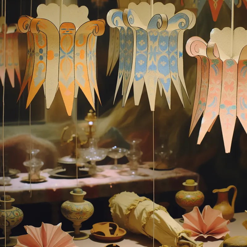 Kleurrijke en prachtig ontworpen bongs hangen aan het plafond van een feestelijke verjaardagspartij, met een elegante sfeer en zachte kleuren.