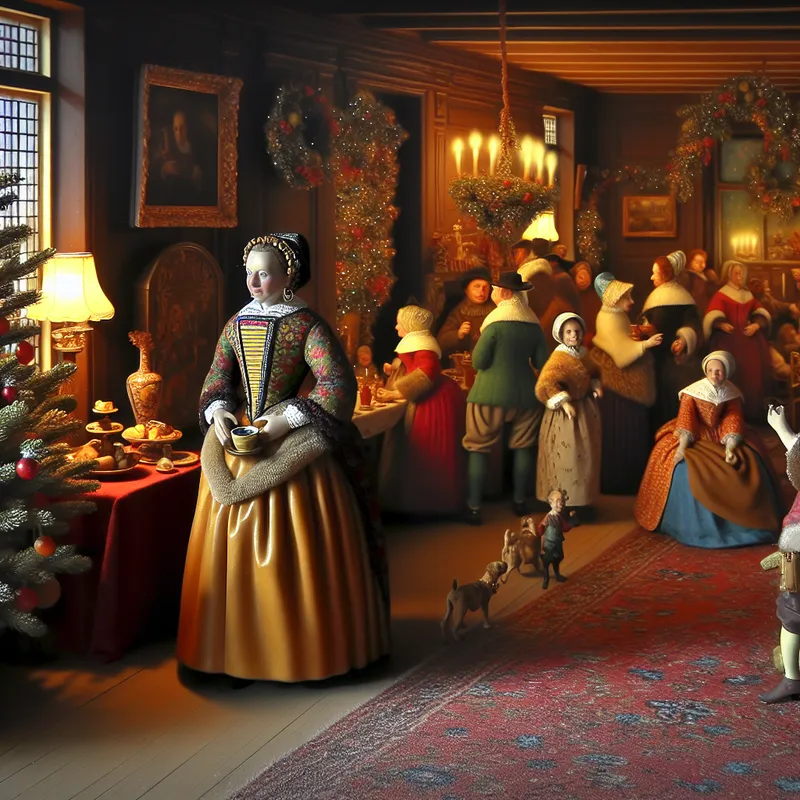 Een stijlvolle vrouw in een elegante jurk in een feestelijk winterse binnenomgeving met gezellige decoraties en vrolijke mensen die genieten van warme dranken.