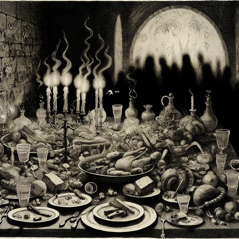 Een dim verlichte tafel bezaaid met lege borden en glazen na een feest, met rook van gedoofde kaarsen en een gothic archway op de achtergrond.