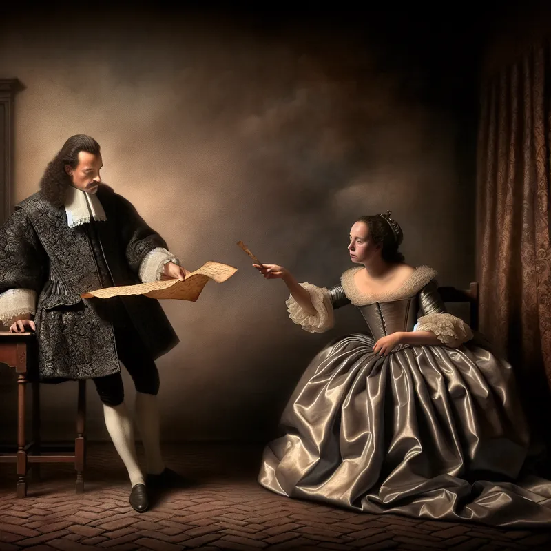 Twee personen in 17e-eeuwse Nederlandse kleding ontdekken de waarheid in een brief bij zacht licht