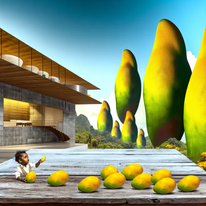 Een klein, felgeel mangootje op een rustieke houten tafel met een kind dat er naar reikt, gelegen in een surrealistisch landschap met enorme mango bomen en een moderne keuken.