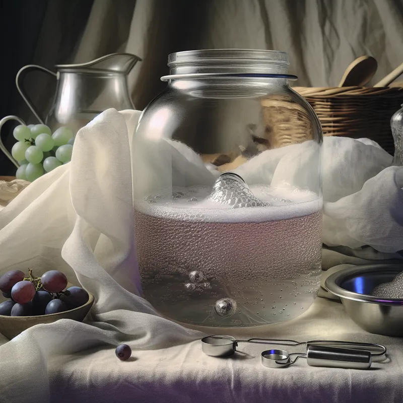 Close-up van een glazen pot met bruisende druivensap, omgeven door gist, maatlepels en verse druiven in een elegante keuken.