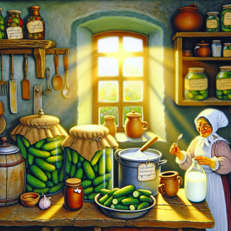 Een charmante keuken met verschillende glazen potten en blikken voor het fermenteren van groenten, verlicht door zonlicht.