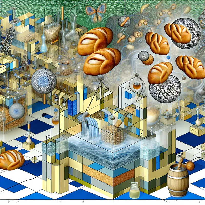Surrealistische illustratie van het fermentatieproces met gist, waarbij gistcellen graan omzetten in brood in een complexe geometrische omgeving.