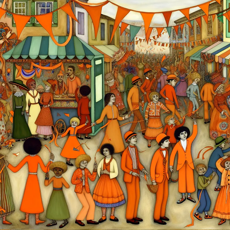 Vrolijke straat tijdens feestdag met mensen in oranje outfits en kites.