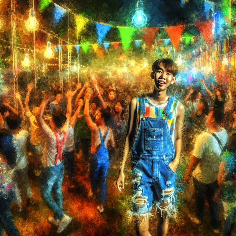 Jonge man in een spijkeroverall op een festival, omringd door kleurrijke decoraties en een levendige menigte.