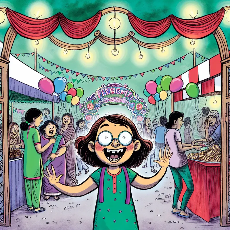 Een jong persoon met grote ogen van verwondering bij de ingang van een kleurrijk festival, omringd door feestelijke kraampjes, ballonnen en blije bezoekers.