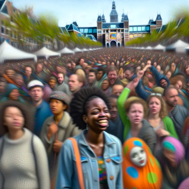 Een hyperrealistisch tafereel van een druk festival met een vrouw die haar vriend in de menigte opmerkt, uitgedrukt door haar blije en verraste gezichtsuitdrukking.