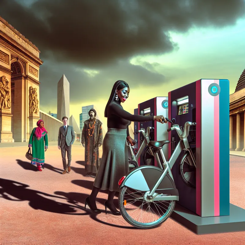 Een persoon huurt blij een fiets bij een moderne fietsverhuurstations in een levendige stad met surrealistische elementen.
