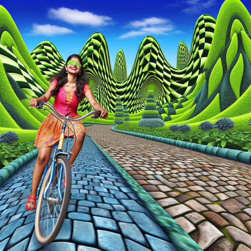 Surrealistisch landschap met een fietser die vrolijk een kronkelig pad door groene heuvels rijdt, omlijst door geometrische vormen in de achtergrond.