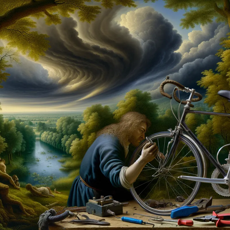 Een fietsenmaker werkt met een tang aan de remkabels van een fiets in een werkplaats, omgeven door een weelderig landschap met een dramatische lucht.