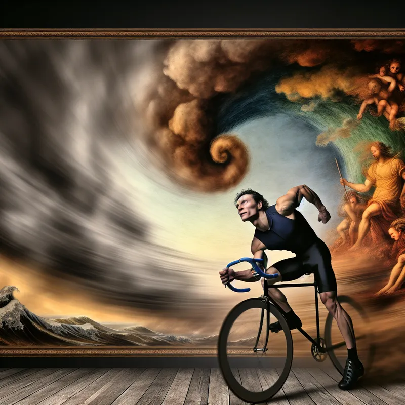 Fierce fietser die tegen een sterke wind inrijdt, met gespannen spieren en een vastberaden blik, omringd door een turbulente lucht.