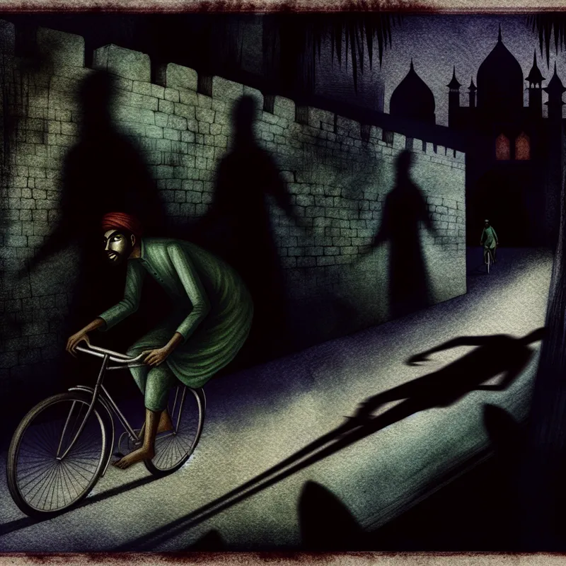 Een fietser rijdt roekeloos op een smalle, slecht verlichte straat zonder helm, omgeven door schaduwen en verborgen gevaren.