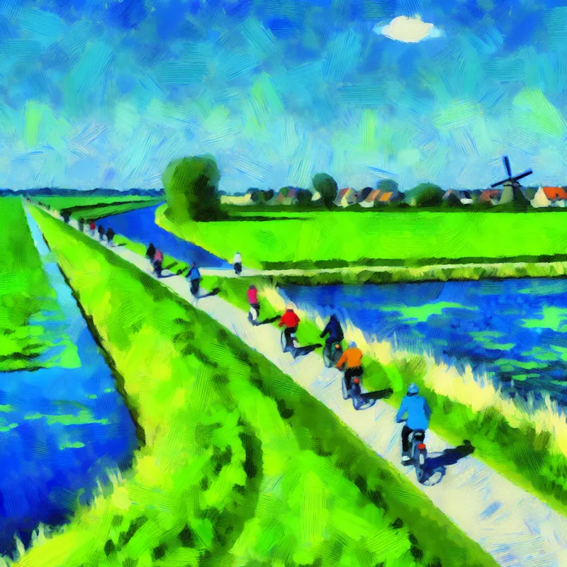 Fietsers rijden gelukkige langs een dijk in een schilderachtig landschap.