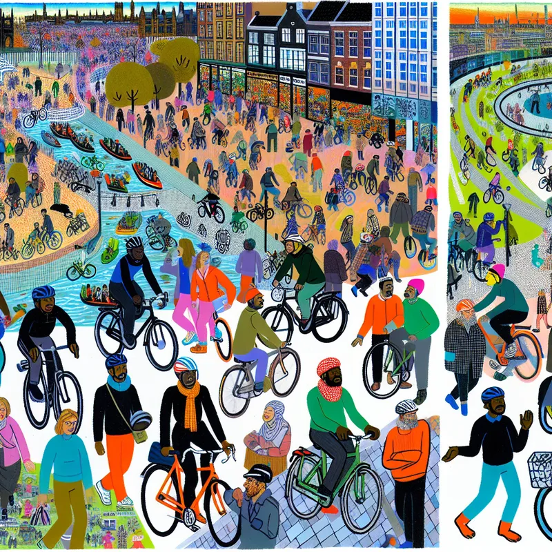 Drukke stad met diverse fietsers en prominent 'Fietsersbond' banner