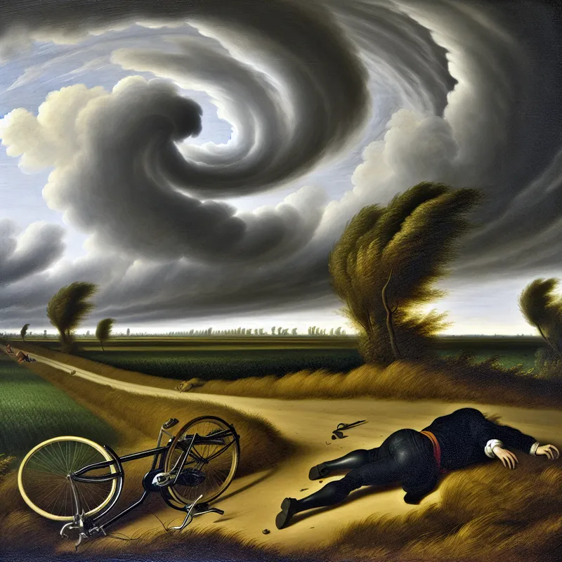 Een fietser ligt gewond op de grond naast een omgevallen fiets op een rurale weg met een dramatische lucht op de achtergrond.