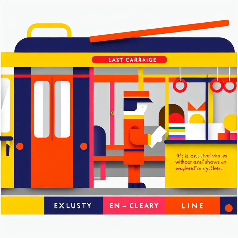 Minimalistische illustratie van een vrolijk treinstel met conducteur die kaartjes controleert in een fietsrijtuig, stijl van Dick Bruna