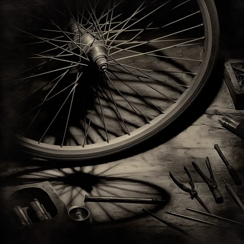 Donkere illustratie van een fietswiel met duidelijke spaken en een gebroken spoke in een gotische werkplaats.