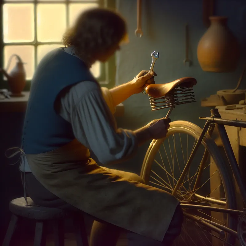 Een mechanieker past zorgvuldig een fietsze zit aan met een moersleutel in een rustig verlichte werkplaats.