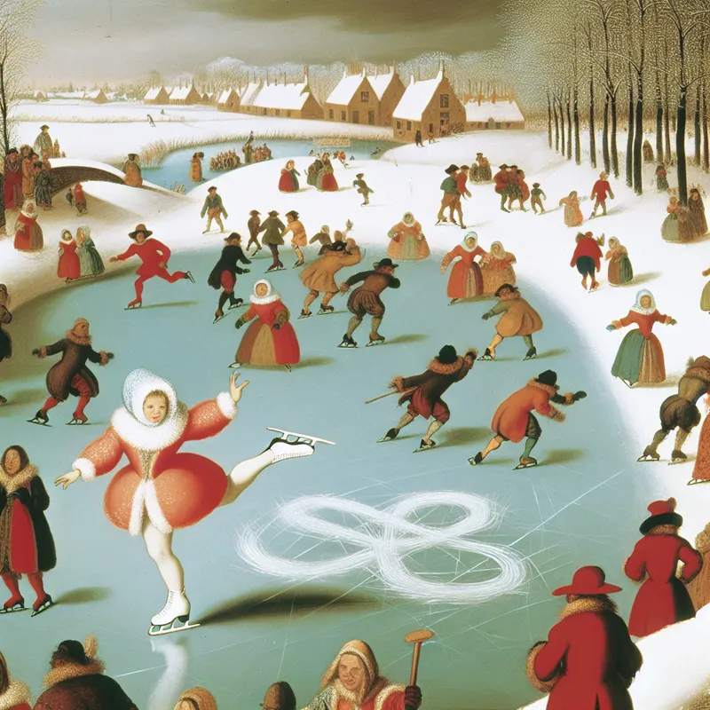 Vrouwelijke schaatsster tekent een elegante figuur-acht op bevroren kanaal in levendige wintertaferelen in de stijl van Hendrick Avercamp