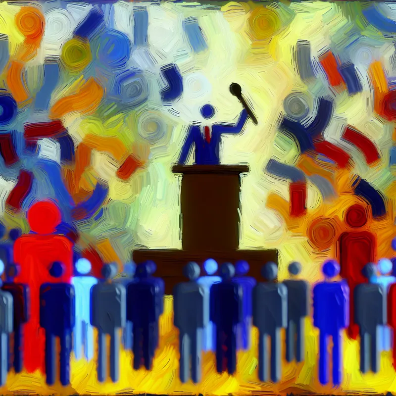 Abstracte afbeelding van een figuur die zelfverzekerd aan een spreekgestoelte staat, omringd door levendige en chaotische vormen.