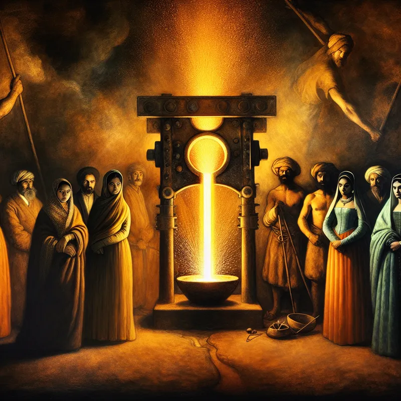 Dramatische schilderijstijl scène van twee bedrijfsgroepen die symbolisch samenkomen via een gloeiende metalen brug, als metafoor voor een fusie of samenwerking