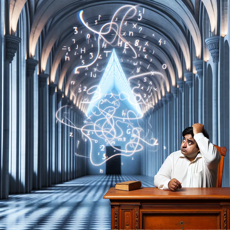 Persoon worstelt figuurlijk met een complexe wiskundige vergelijking in een surrealistische, lege ruimte met dramatische belichting