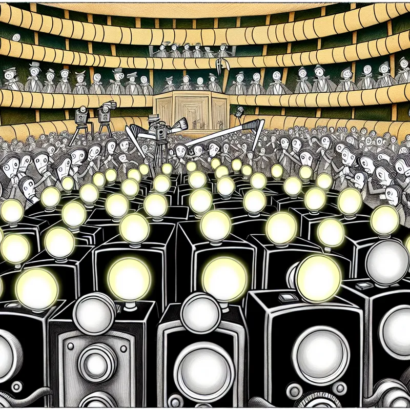 Cartoonachtig bos van rechtopstaande camera's met gloeiende flitslampen als vuurvliegjes, illustrerend het woord 'woud' in figuurlijke zin
