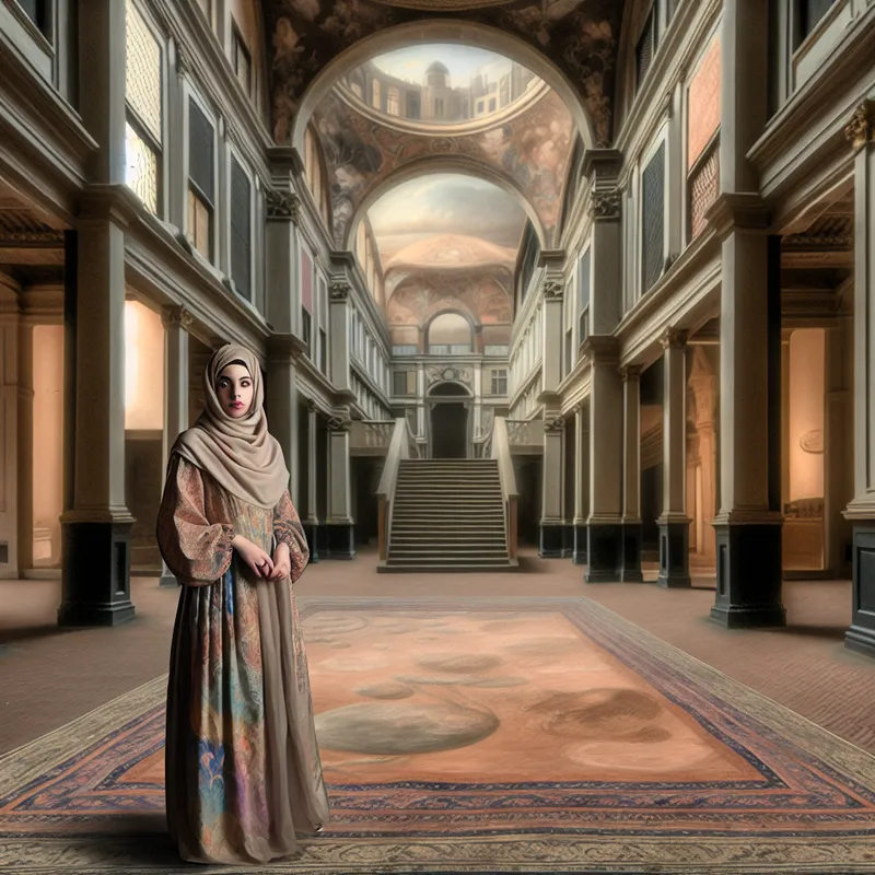 Jonge vrouw in luxueuze kleding staat in een surrealistisch schoolgebouw dat lijkt op een buitenaardse omgeving, ter illustratie van een figuurlijke wereld