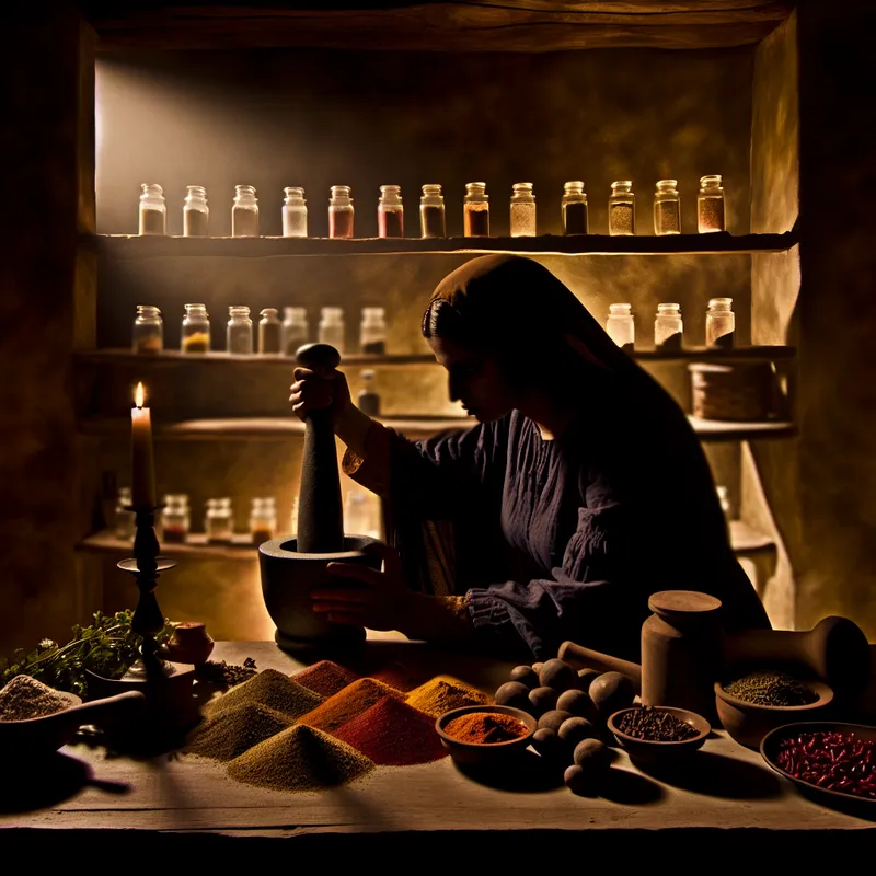 Een chef in een sfeervol verlichte keuken die met een vijzel en stamper kruiden aan het fijnmalen is.