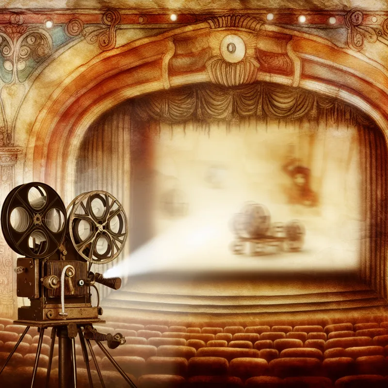 Oude filmprojector draait een celluloidfilm af in een nostalgische bioscoopzaal met sprookjesachtige Anton Pieck-stijl