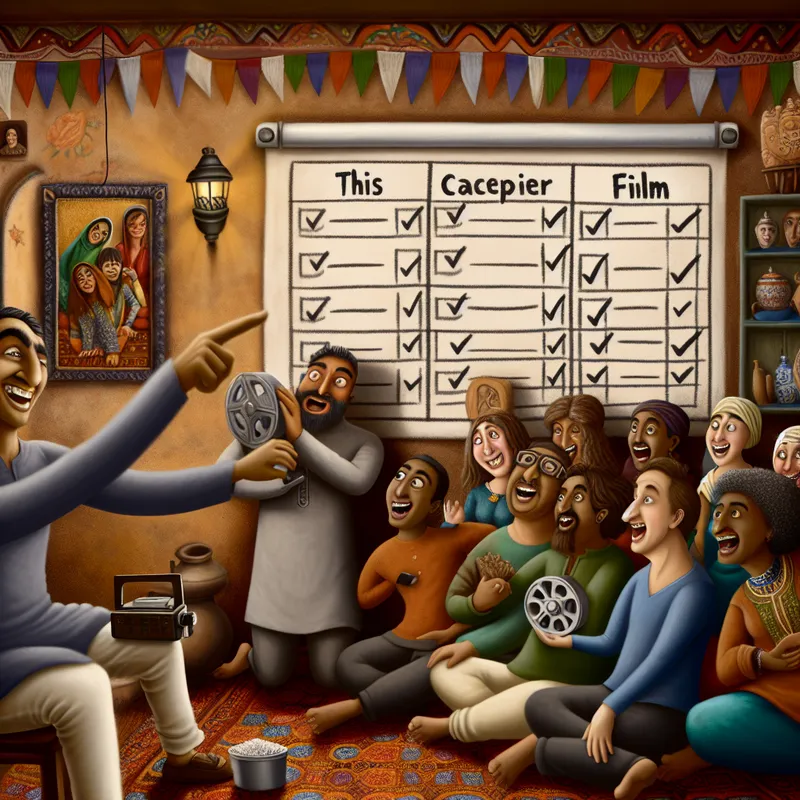 Een levendige en humoristische illustratie van vrienden die een filmavond beleven, met een projector die een film laat zien en een bord met films en vinkjes op de achtergrond.