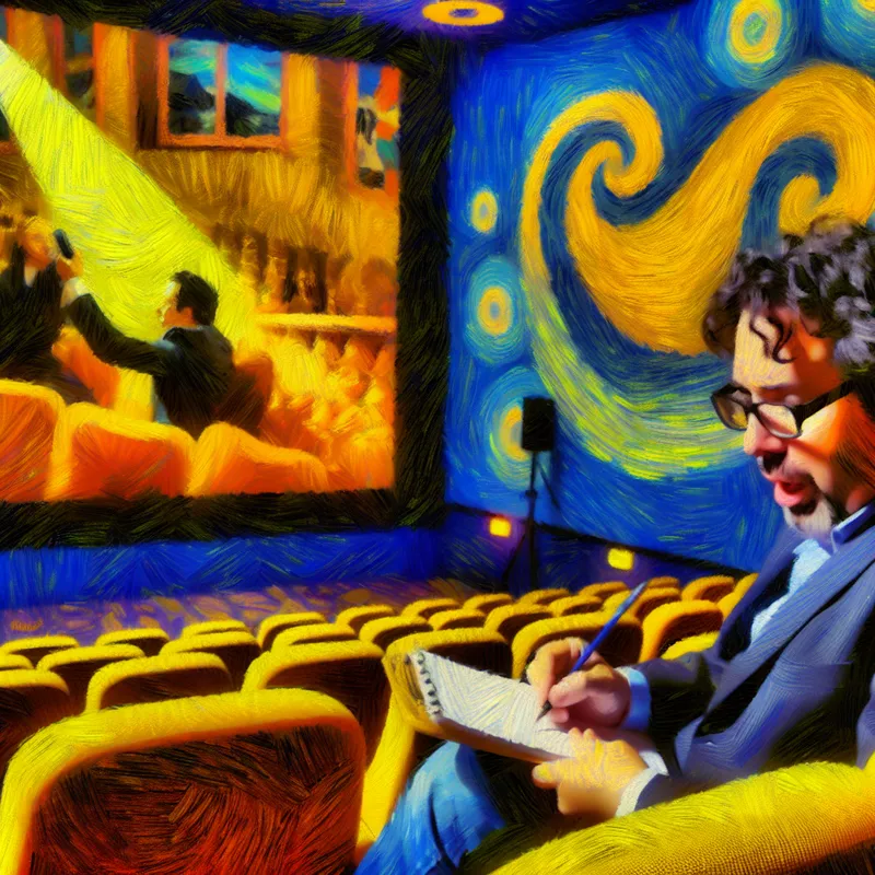 Een filmcriticus zit in een stijlvolle bioscoop, omgeven door filmposters en een groot scherm, terwijl hij aantekeningen maakt.