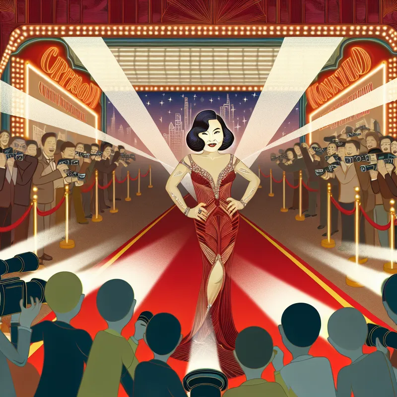 Vrouwelijke filmster op de rode loper, omringd door flitsende camera's en enthousiaste fans in Hollywood