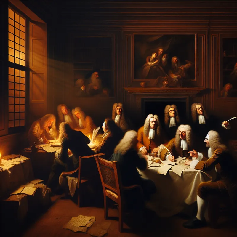 Een groep filosofen uit de Verlichting debatterend in een 18e-eeuwse studeerkamer, omringd door kaarslicht.