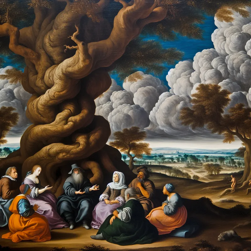 Mensen discussiëren onder een oude boom tegen een dramatische lucht