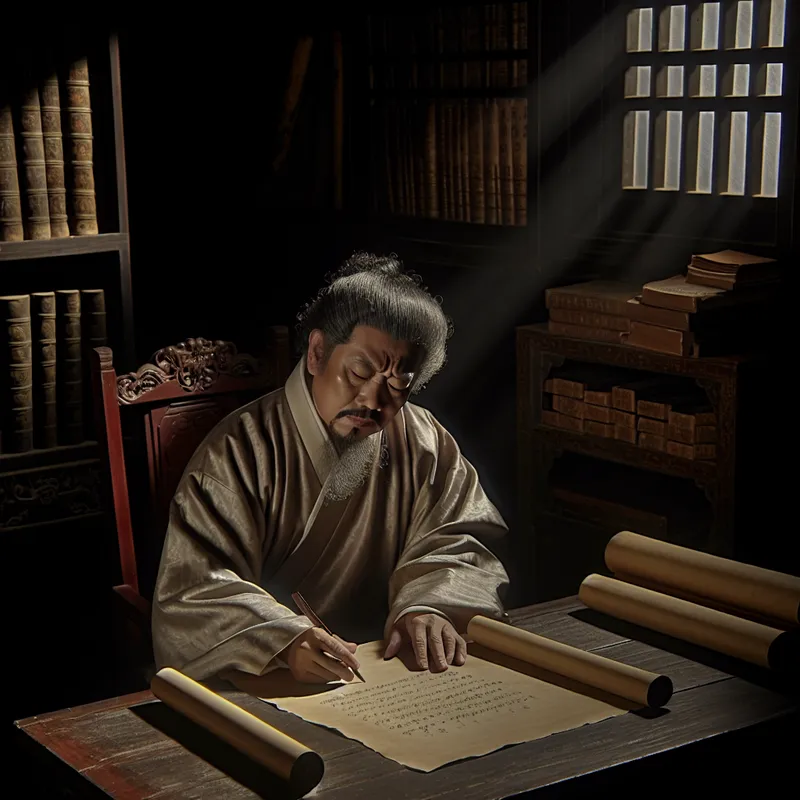 Een oudere filosoof in een sfeervolle studeerkamer, bezig met het schrijven van een logische uitspraak op perkament.