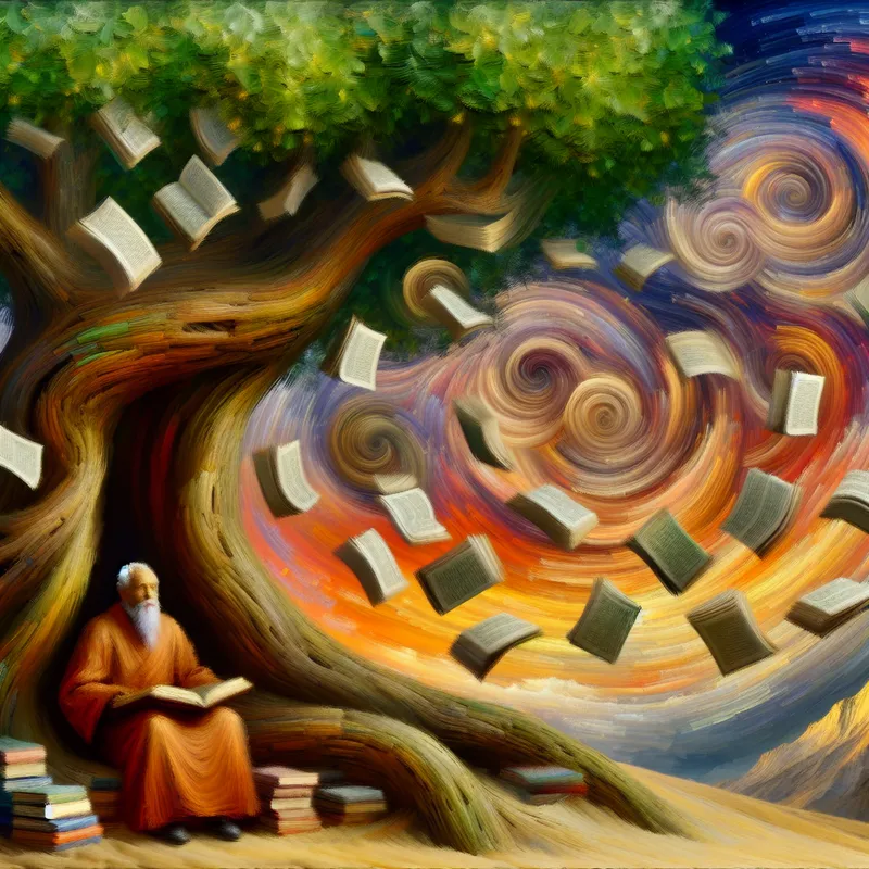 Een reflecterende filosoof zit onder een oude boom, omringd door zwevende boekpagina's die als bladeren in de wind draaien.