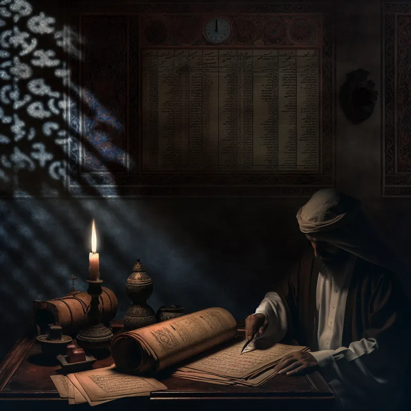 Een persoon zit aan een vintage houten bureau en bekijkt nauwkeurig oude financiële documenten en rekeningen in een sfeervolle, donker verlichte kamer.