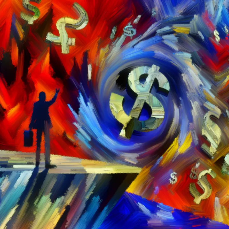 Abstract expressionistisch schilderij van een persoon die tegen financiële beperkingen aanloopt, met een kloof vol dollarsymbolen en een onzichtbare kracht die weerhoudt